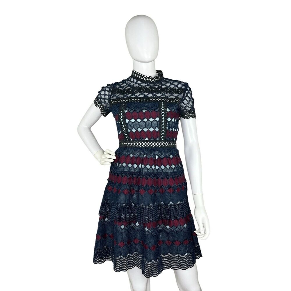Renvy Size S Open Lace Fit and Flare Mini Dress Short Sleeve Red Navy High Neck